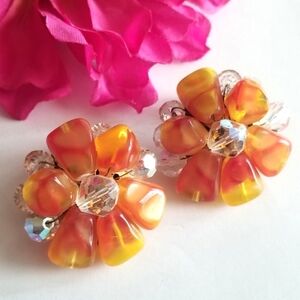 Vintage earrings chunky beaded clip orange yellow fall candy corn autumn